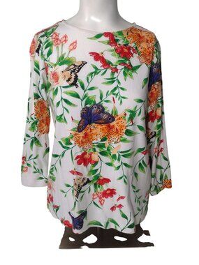 Avon Women's Floral & Butterfly Print Long-Sleeve Top S Size 4-6 100% Cotton